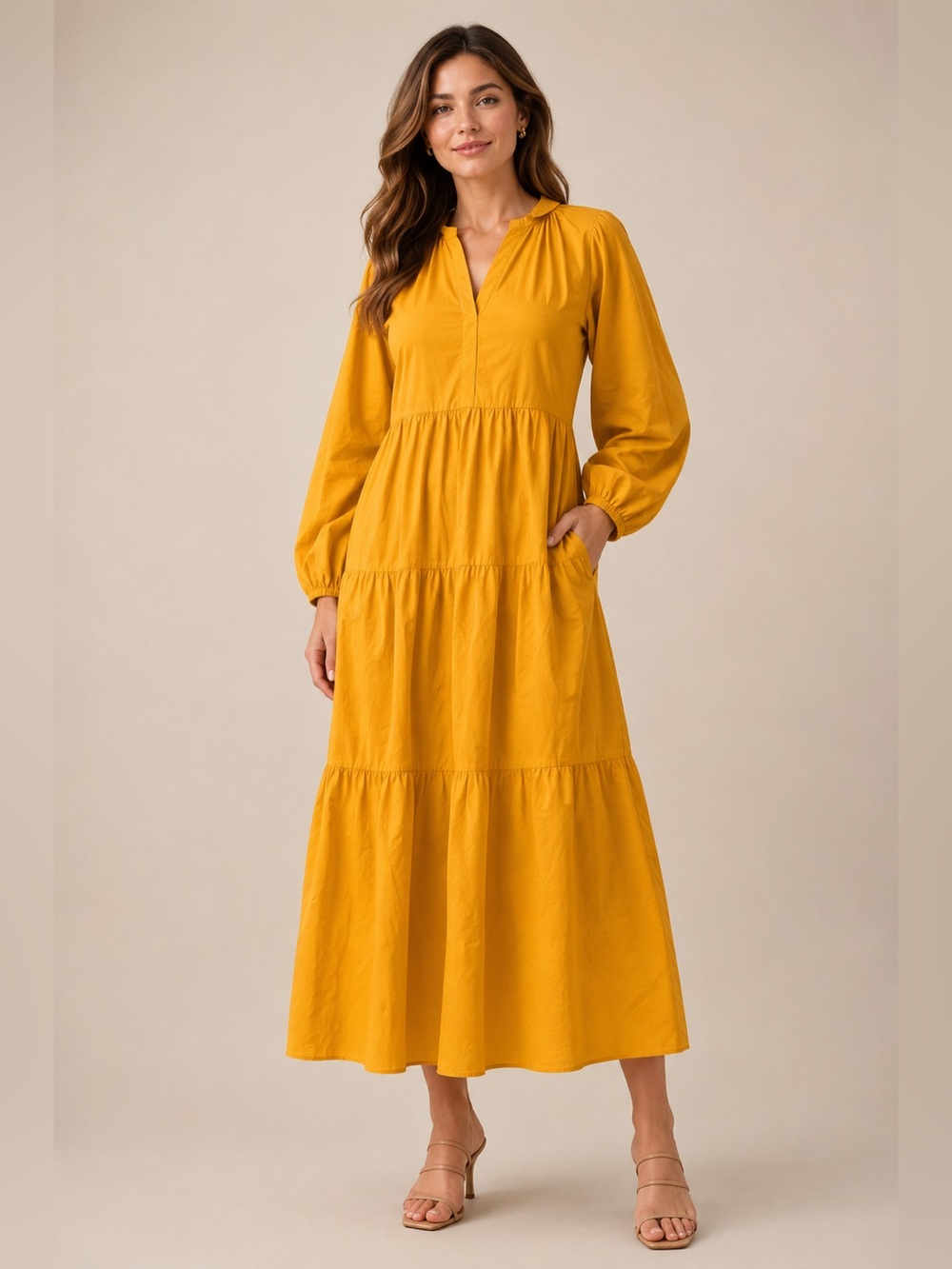 Madison Mathews Mustard Yellow Tiered Maxi Dress • Size M • 100% Cotton